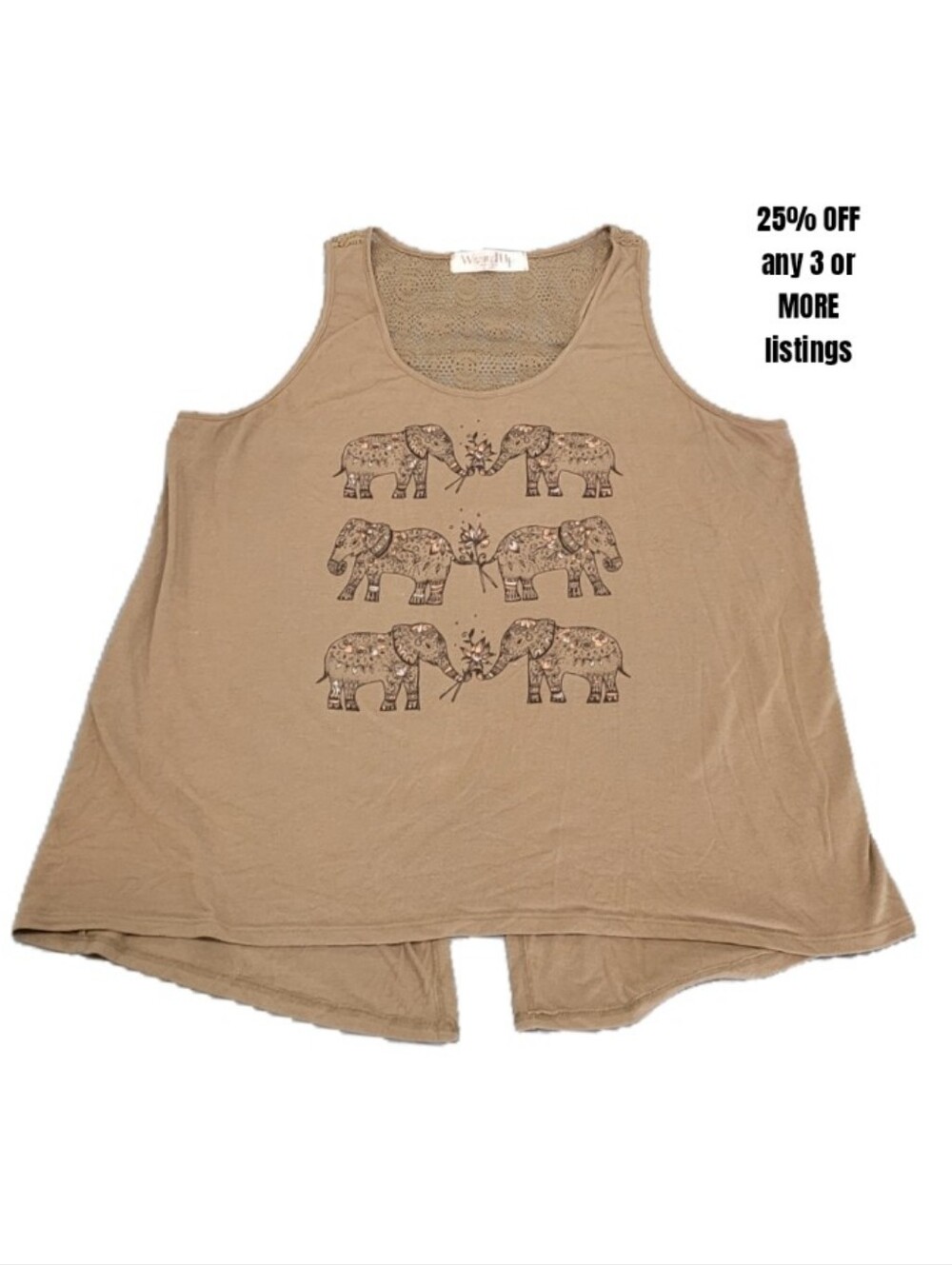 Boho Elephant Print Tank Top Crotchet Lace Cut Out Vintage Olive Trunks Up